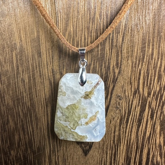 Jewelry - Moss Agate Pendant Necklace on Brown Faux Suede